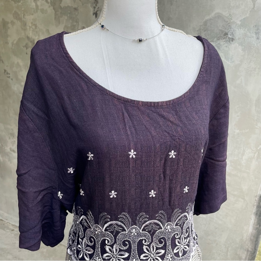 Vintage 90s Purple Gingham Embroidered Cottagecore Plus Size Dress - Picture 3 of 4